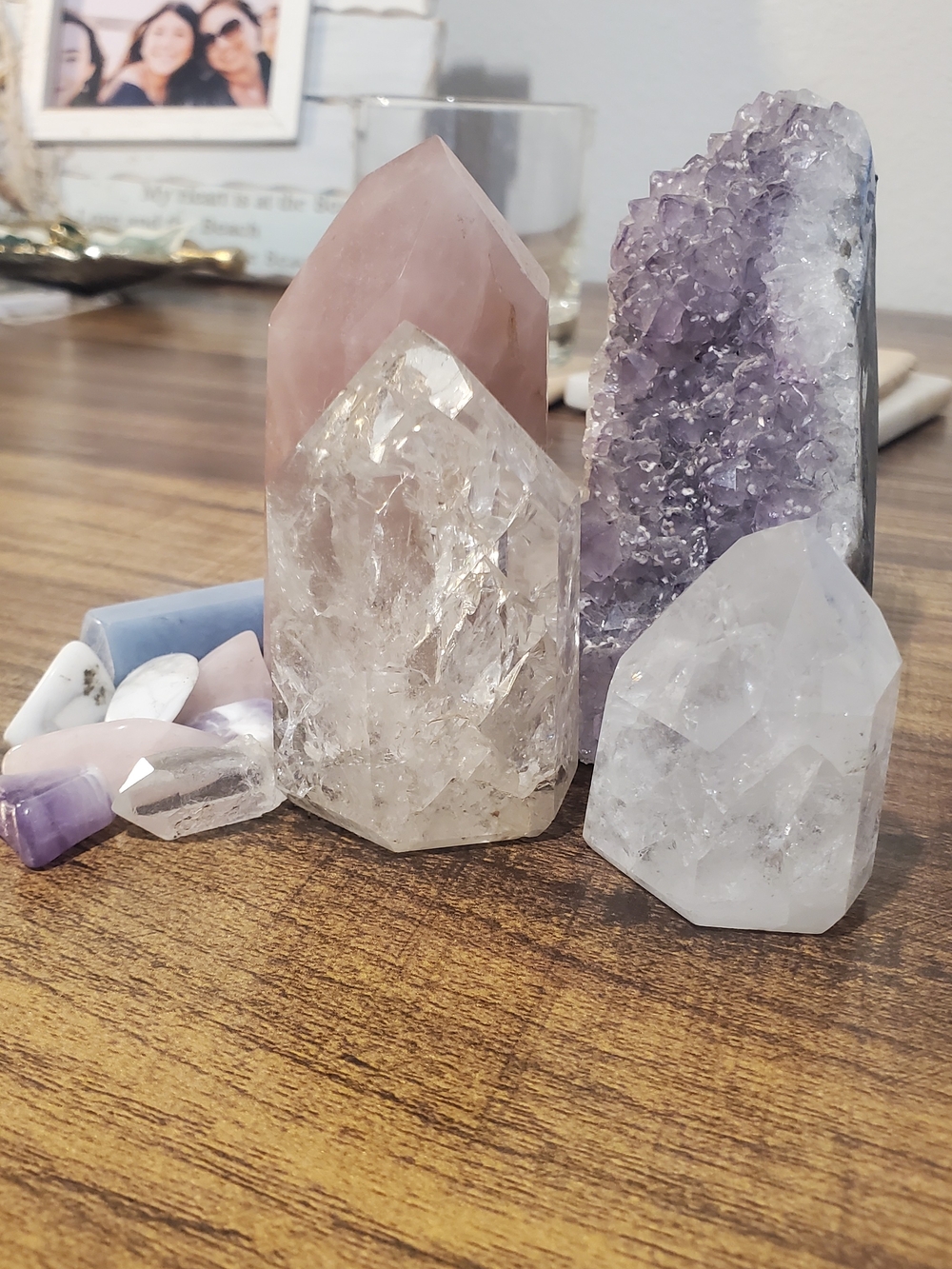 Mixed Crystal Point Set - Rose Quartz, Clear Quartz & Amethyst